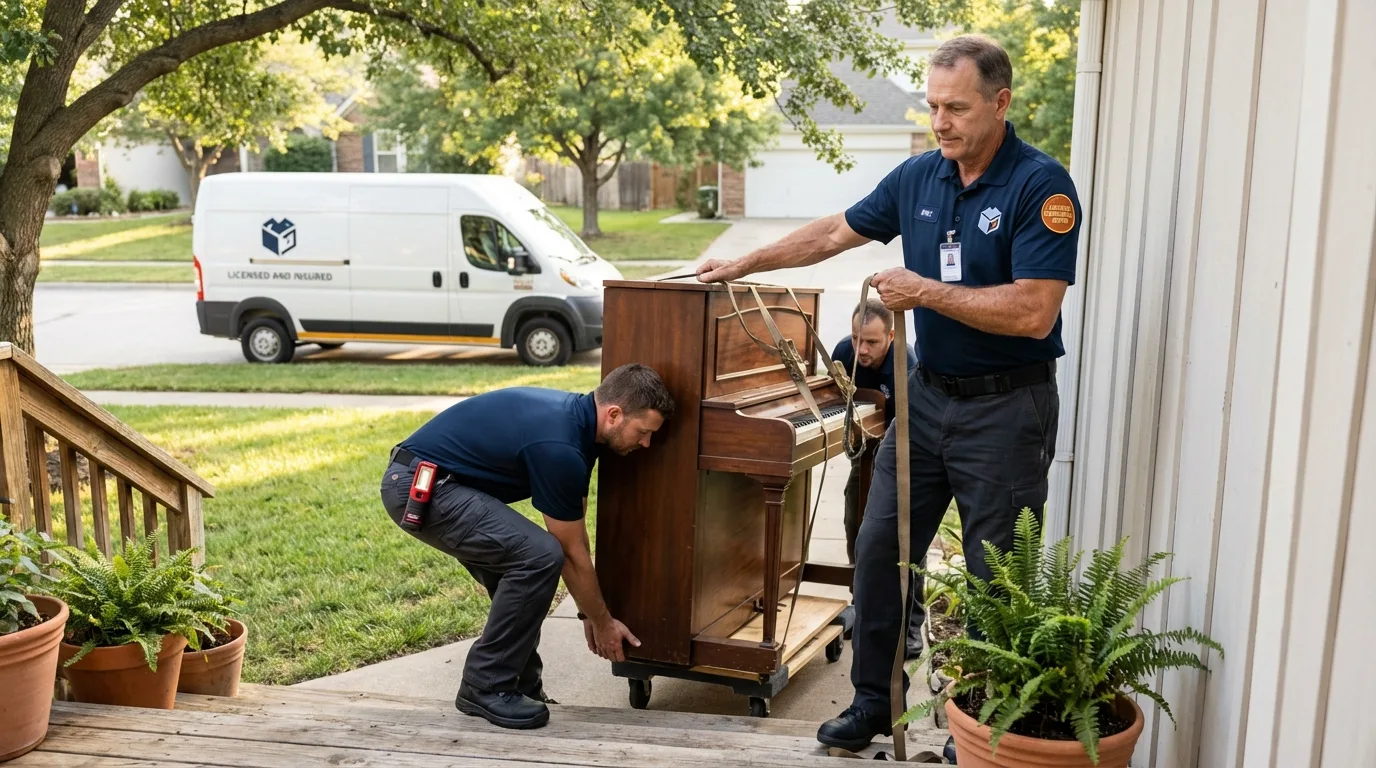 Licensed piano movers securing grand piano in Franklin Park, IL