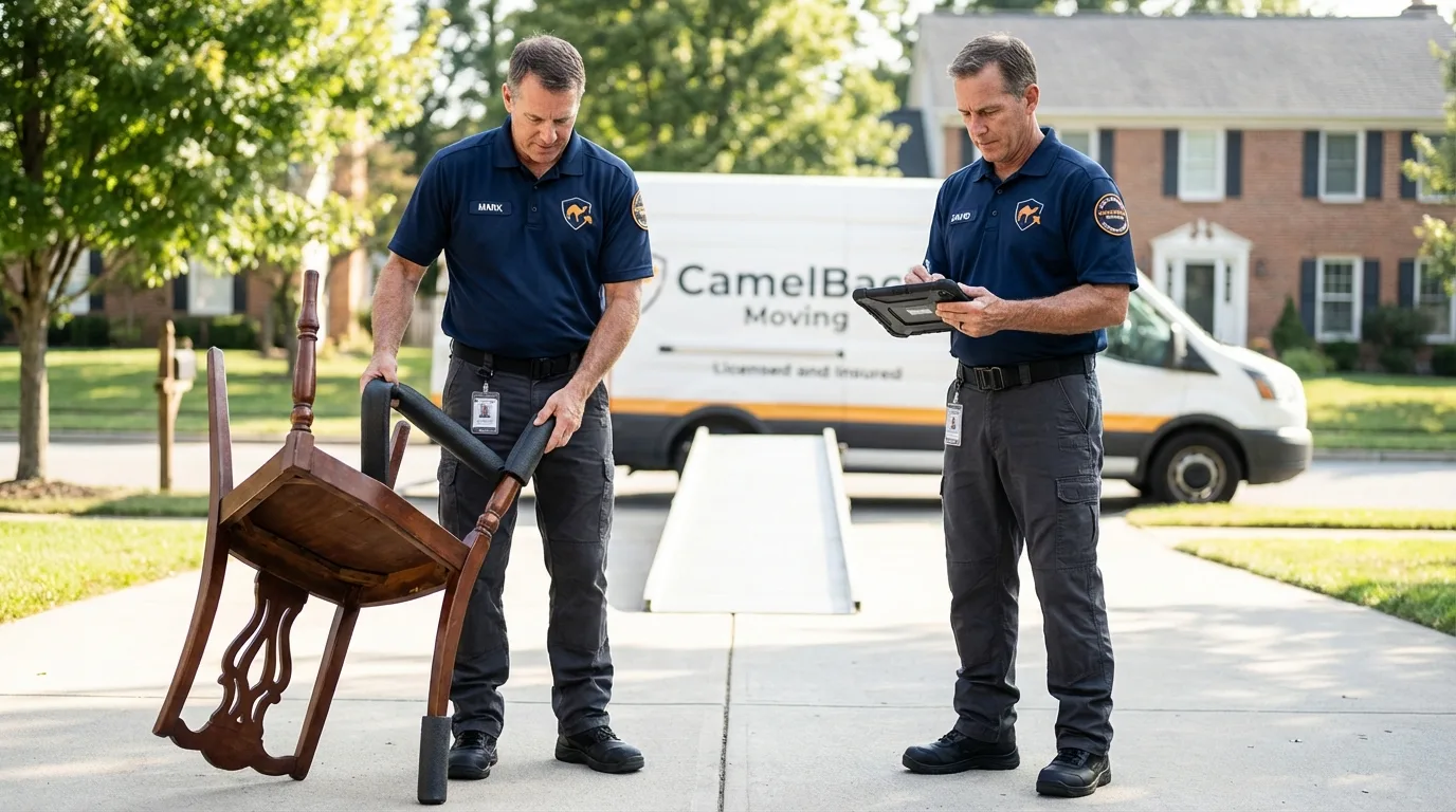 Movers inspecting furniture for damage prevention before loading in Franklin Park, IL